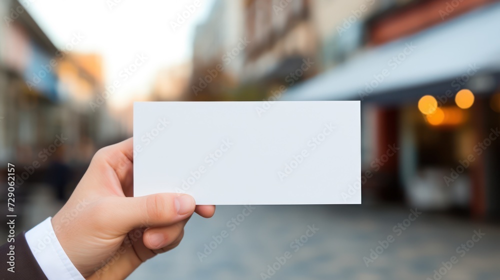 Hand holds a blank card against a bokeh light background, offering a mock-up opportunity for branding identity. Hand holds a blank card against a bokeh light background, offering a mock-up opportunity for branding identity.