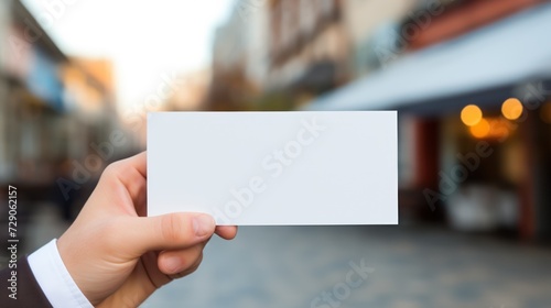 Hand holds a blank card against a bokeh light background, offering a mock-up opportunity for branding identity.