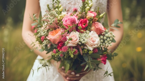 Closeup beautiful bride with wedding bouquet