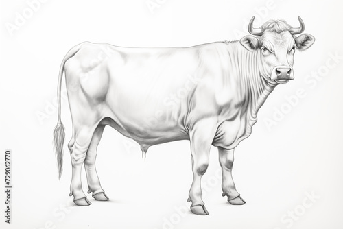 Handmade sketch drawing of a farm cow, with pencil on white background