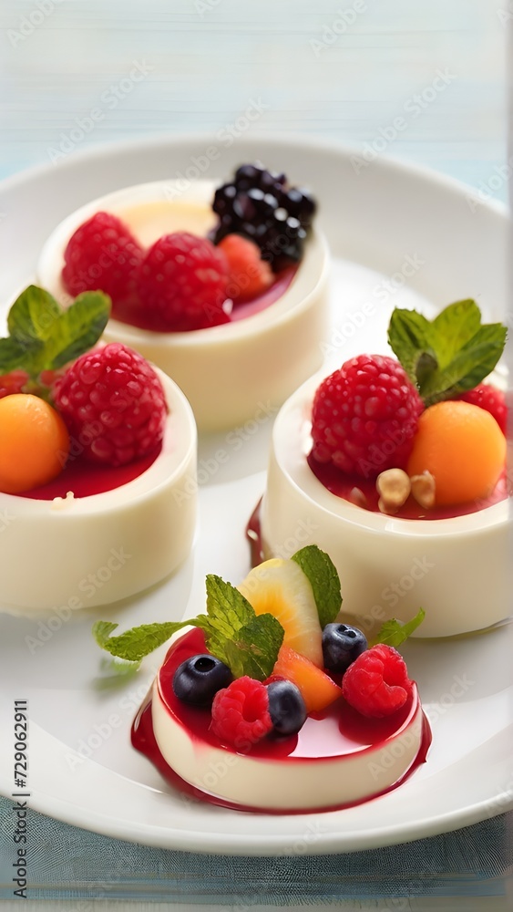 panna cotta with fruit cut into intricate shapes panna cotta with fruit cut into intricate shapes