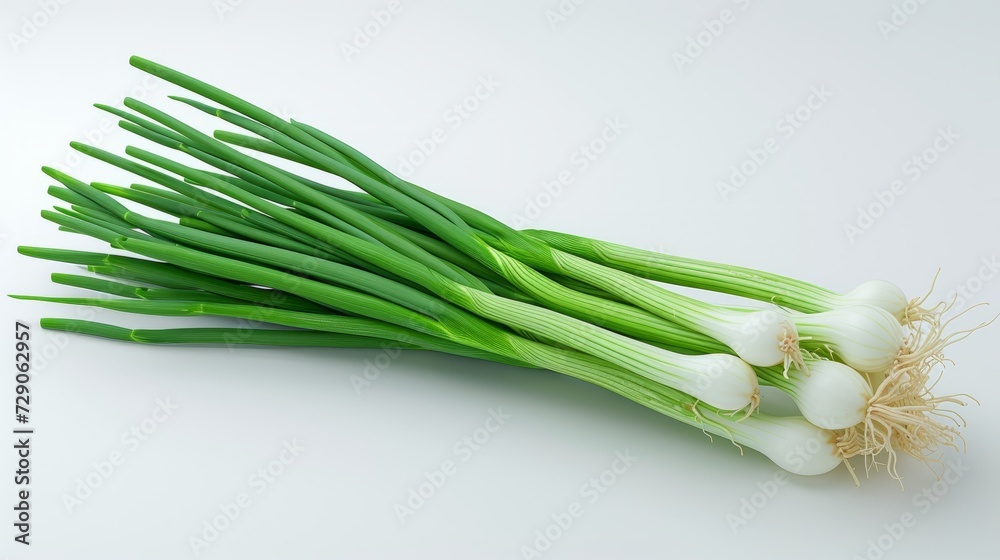 Fresh spring onions elegantly arranged on a clean white background. This composition emphasizes the green stems and white heads of the onions. and appetizing Fresh spring onions elegantly arranged on a clean white background. This composition emphasizes the green stems and white heads of the onions. and appetizing