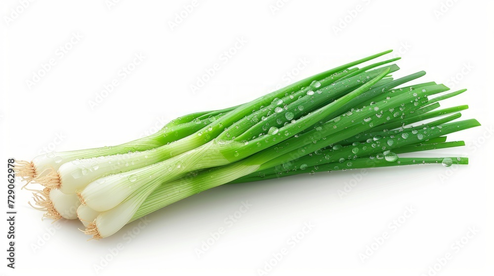 Fresh spring onions elegantly arranged on a clean white background. This composition emphasizes the green stems and white heads of the onions. and appetizing Fresh spring onions elegantly arranged on a clean white background. This composition emphasizes the green stems and white heads of the onions. and appetizing