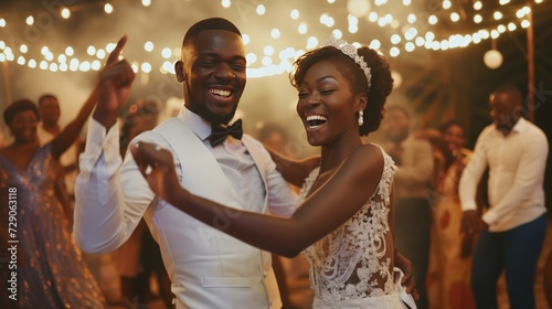 Romantic african newlywed dancing wedding celebration