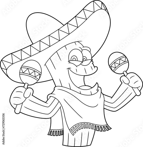 Outlined Happy Mexican Cactus Cartoon Character Shaking Maracas. Vector Hand Drawn Illustration Isolated On Transparent Background