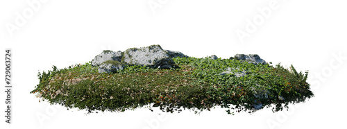 round surface patch covered with flowers, green leaf rock fern or dry grass isolated on white background. Realistic natural element for design. Bright 3d illustration.