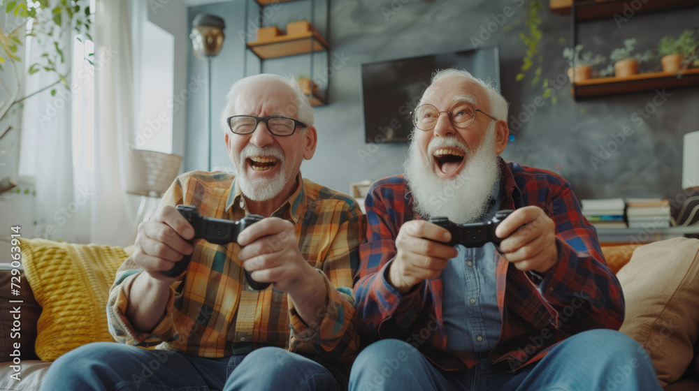 Two happy retired old men playing video games holding gamepads , elder