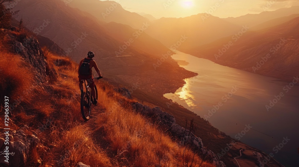 Cyclist Riding the Bike in the Beautiful Mountains Down the Rock on the Sunrise Sky Background. Extreme Sport and Enduro Biking Concept Cyclist Riding the Bike in the Beautiful Mountains Down the Rock on the Sunrise Sky Background. Extreme Sport and Enduro Biking Concept