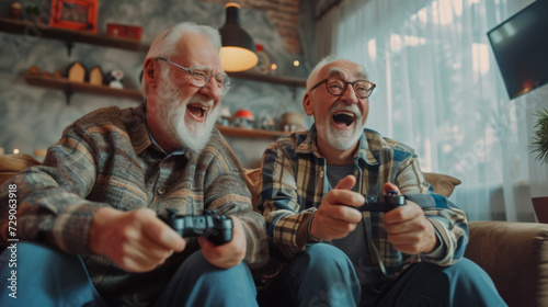 Two happy retired old men playing video games holding gamepads , elder people playing videogames concept image background