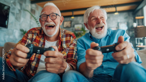 Two happy retired old men playing video games holding gamepads , elder people playing videogames concept image background