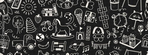 Seamless pattern with daycare doodle elements. Rocket, hopscotch, toys, horse, house, sun and other elements. Scribbled with chalk texture. photo
