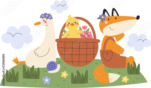 Goose, Chick And Fox On Meadow