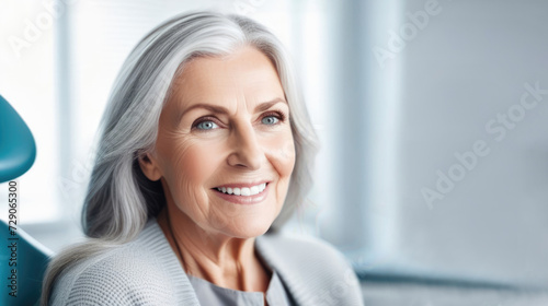 Elderly gray-haired woman in dentist's chair looks satisfied with treatment. Doctor checks patient's teeth in the dental office, oral hygiene, veneers, dentures, implants