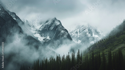 Grayscale Mountain Range Showing Limitless Peaks and Alps Covered in a Moody Fog - Cinematic Color Grading Showcasing Emotionality of Nature and the Outdoors - Cold and Snowy Mountaintops photo