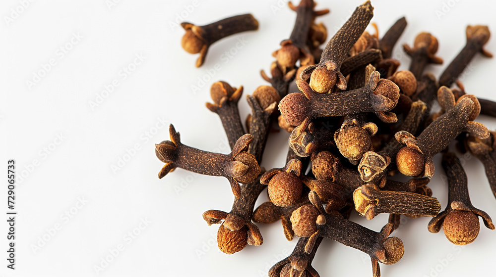 The Close Up Photo A Heap Of Cloves Isolated On A White Background, Ideal For Food Blogs And Spice Advertisements. The Close Up Photo A Heap Of Cloves Isolated On A White Background, Ideal For Food Blogs And Spice Advertisements.