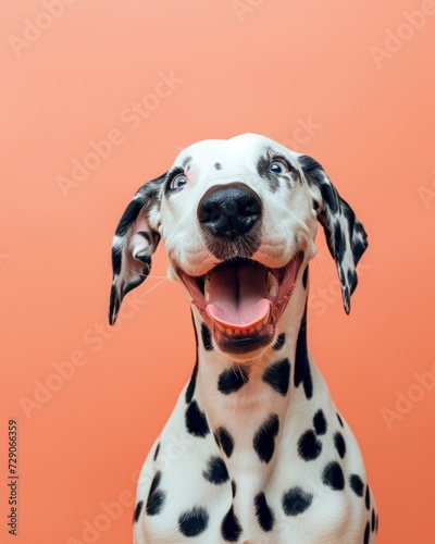 Delighted dalmatian dog with a wide open mouth and excited eyes against a bright orange background