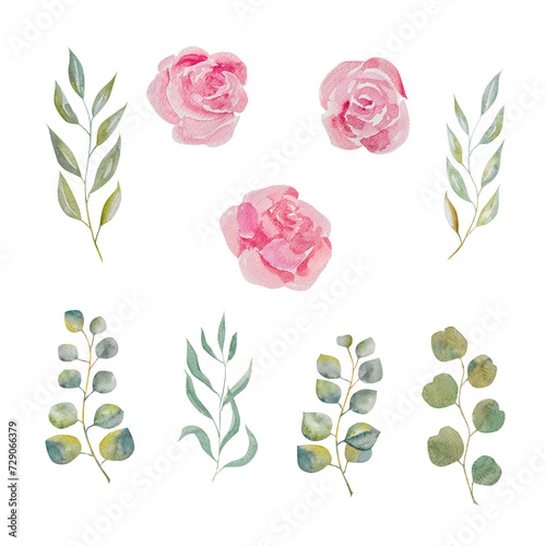 Watercolor floral illustration.Set of pink pink roses and eucalyptus greenery.Abstract delicate roses for decoration products, congratulations, fashion, background photo