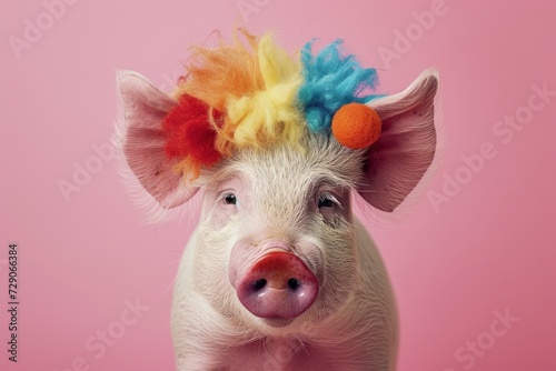 A charming pig sports a vibrant rainbow-colored wig, posing playfully against a soft pink background in this whimsical image