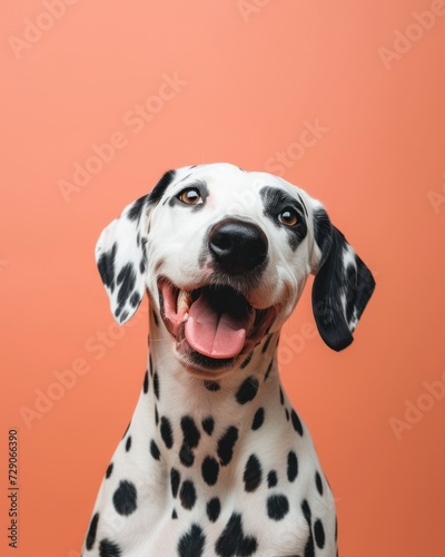 Smiling dalmatian dog with black spots posing against an orange background in a studio setting