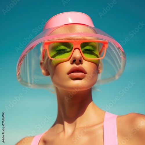 A model poses with a pink sun visor and green eyewear, against a vibrant blue sky backdrop