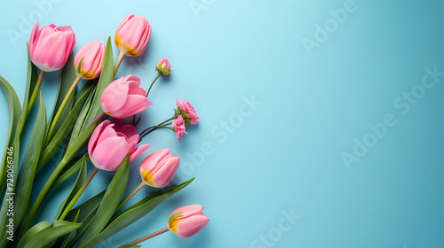 Floral spring background with bunch of pink tulips on light blue backdrop. Copy space.
