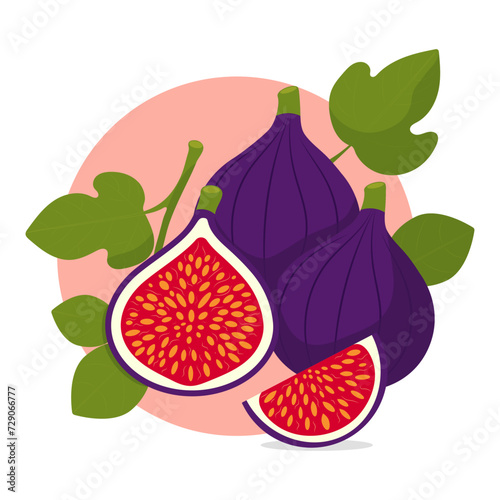 Figs, Cartoon cute exotic fresh fruit, cut in half with seeds texture for healthy dessert, ripe figs for eating and food ingredient for cooking
Fruit product emblem for jam label, sticker