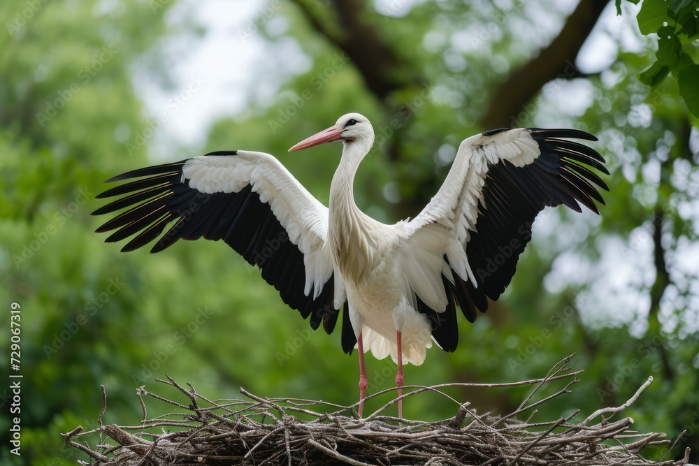 Fototapeta premium A white stork stands in a nest with its wings spread out