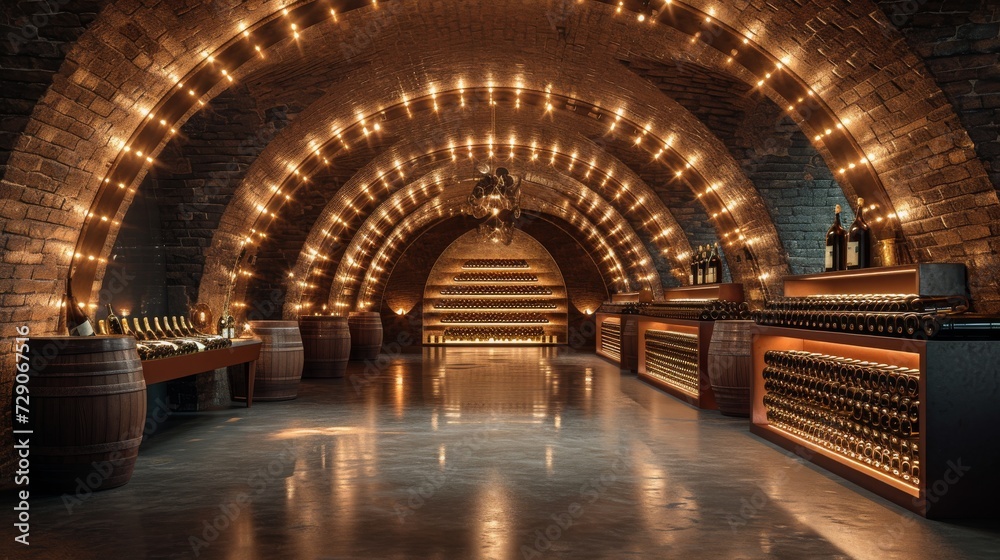 a large cellar with wine barrels and ambient light a large cellar with wine barrels and ambient light
