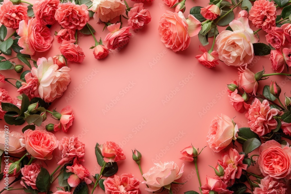 Frame made of beautiful roses on a light blue background with space for text, concept of Valentine Day, Mother Day, Women Day