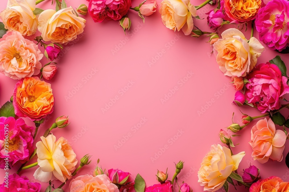 Frame made of beautiful roses on a pink background with space for text, concept of Valentine's Day, Mother's Day, Women's Day