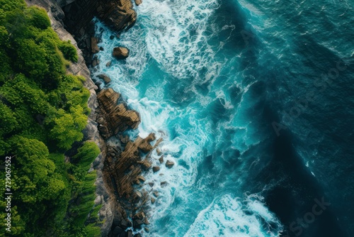 Aerial view to azure ocean waves breaks on the rocks