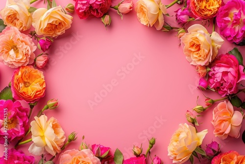 Frame made of beautiful roses on a pink background with space for text, concept of Valentine's Day, Mother's Day, Women's Day
