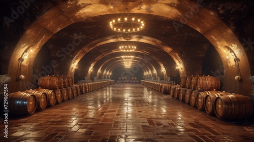 a large cellar with wine barrels and ambient light