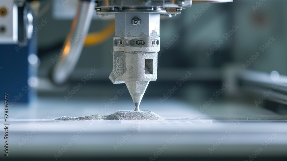 Close-up of a 3D printer nozzle constructing a metallic object, layer by layer, from granular metal powder on a print bed, illustrating advanced manufacturing.