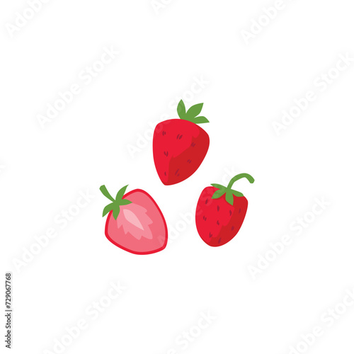 Fototapeta Naklejka Na Ścianę i Meble -  Fresh strawberry with leaves, whole and half vector illustrations set, farm organic natural berries. Juicy sweet fruit