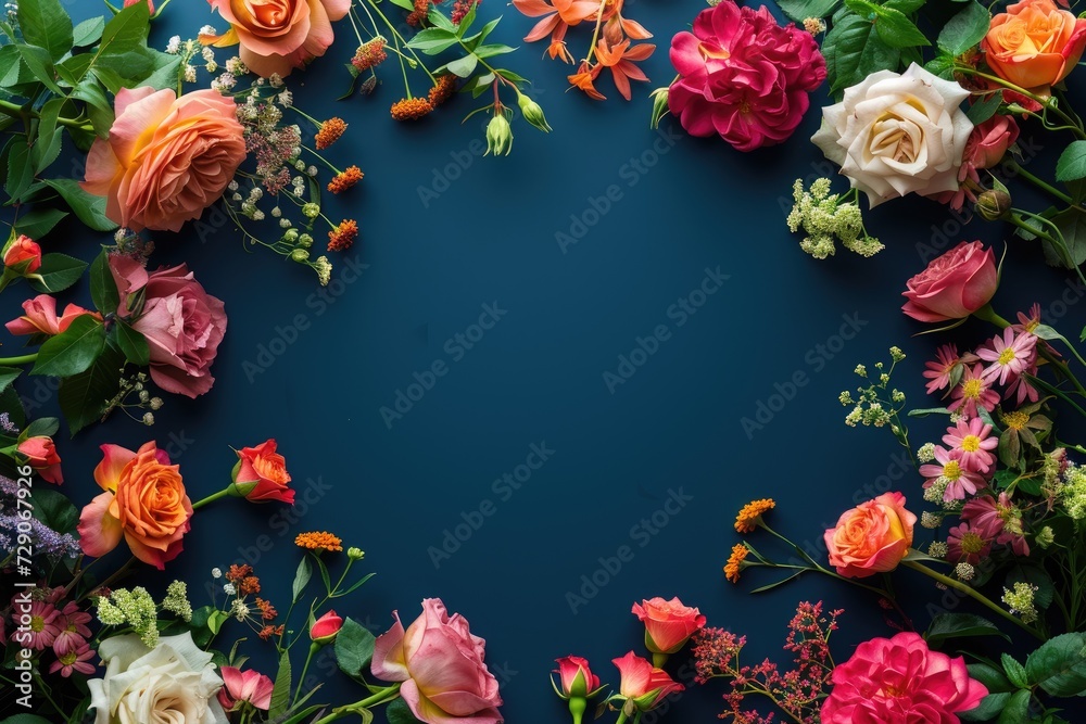 Flowers composition. Frame made of roses on navy blue background. Concept of Valentine Day, Mother Day, Women Day Flowers composition. Frame made of roses on navy blue background. Concept of Valentine Day, Mother Day, Women Day