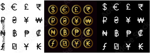 Vector Currency signs of different countries. Set of black, Golden color and White currency symbols.