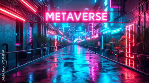 Futuristic cyberpunk cityscape with 'METAVERSE' in glowing neon lights, depicting a high-tech virtual world concept with digital urban architecture