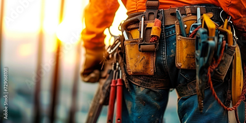 Close-up of construction workers tool belt with various tools on a high-rise construction site at sunset, showcasing industry safety and labor photo