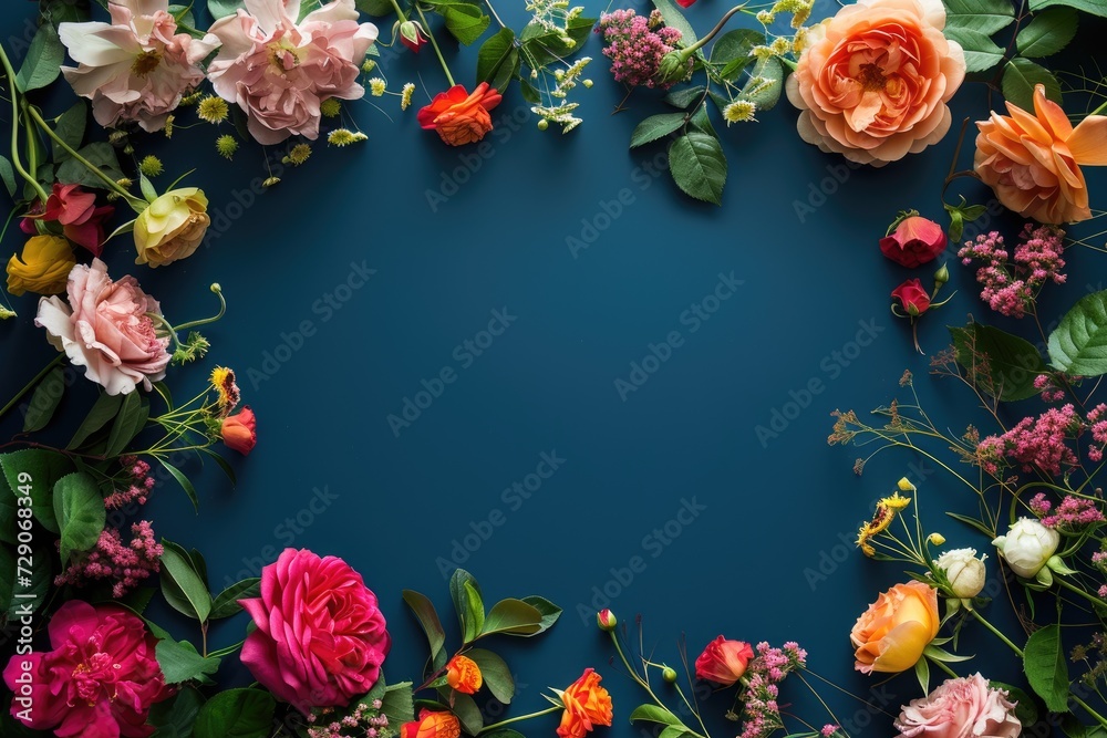 Flowers composition. Frame made of roses on navy blue background. Concept of Valentine Day, Mother Day, Women Day
