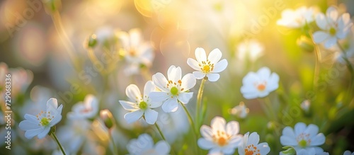 Close-up of selective soft-focus outdoors on a bright sunny day showing blooming small white flowers with bokeh.