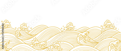Japanese sea wave background vector. Wallpaper design with gold and white ocean wave pattern backdrop. Modern luxury oriental illustration for cover, banner, website, decor, border.