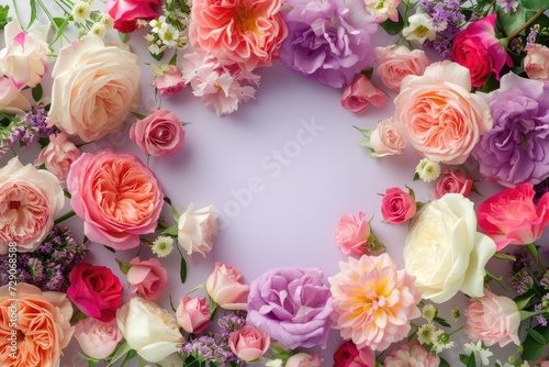 Flowers composition. Frame made of roses on purple background. Concept of Valentine Day, Mother Day, Women Day