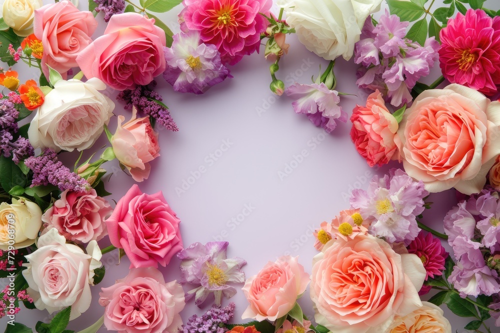 Flowers composition. Frame made of roses on purple background. Concept of Valentine Day, Mother Day, Women Day