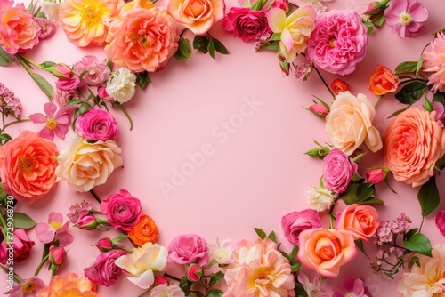 Frame made of beautiful roses on a pink background with space for text  concept of Valentine Day  Mother Day  Women Day