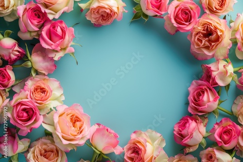 Frame made of beautiful roses on a teal background with space for text  concept of Valentine Day  Mother Day  Women Day