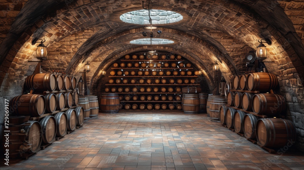 Fototapeta premium a large cellar with wine barrels and ambient light