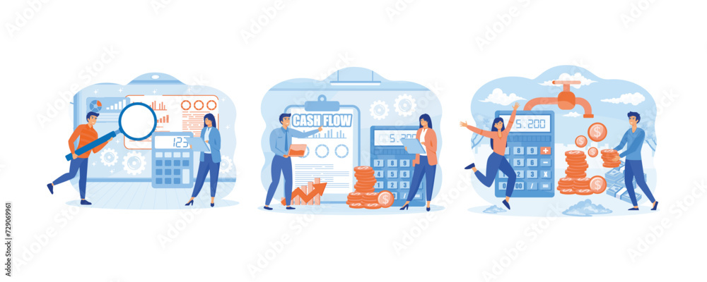 Cash Flow. Business people with online cash flow report. Cash Flow Showing cash coin flowing from a water tap. set flat vector modern illustration Cash Flow. Business people with online cash flow report. Cash Flow Showing cash coin flowing from a water tap. set flat vector modern illustration