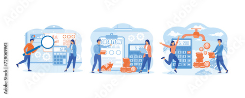 Cash Flow.  Business people with online cash flow report. Cash Flow Showing cash coin flowing from a water tap. set flat vector modern illustration