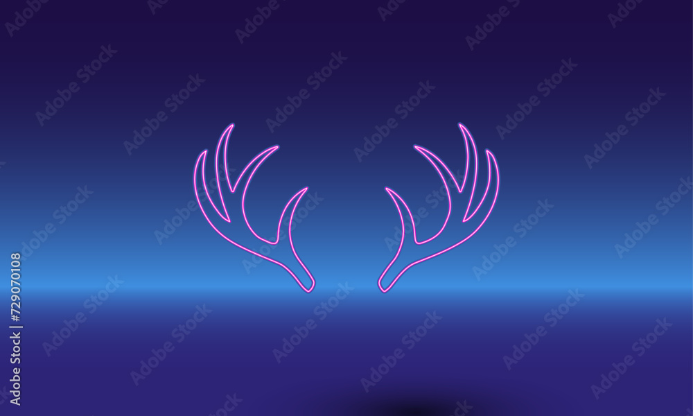 Neon deer horns symbol on a gradient blue background. The isolated symbol is located in the bottom center. Gradient blue with light blue skyline